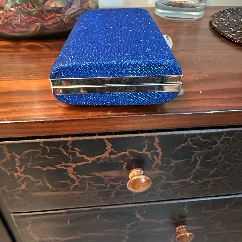 Elegant Blue Clutch with Rhinestone Accents and Chain Shoulder Strap DAMAGED